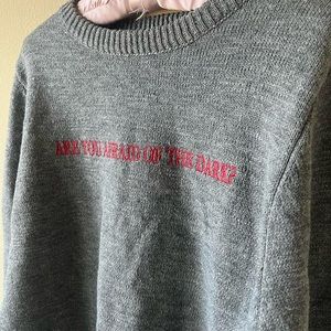 Reflective gray embroidered sweater,  ‘Are You Afraid of the Dark?’ in red, sz L